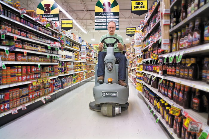 Advance Advolution 2710, Floor Burnisher, 27", 1600 RPMs, Ride On, Battery, Dust Control, 3 Year Warranty