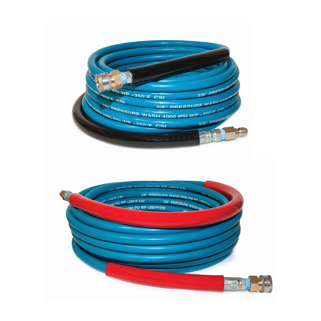 2 coiled blue A+ hoses, one with red bend restrictors and one with black