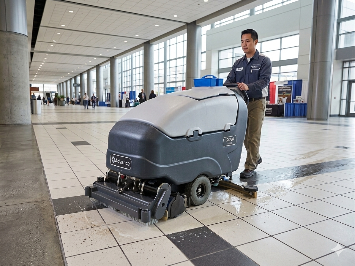 Refurbished Advance SC750, Floor Sweeper-Scrubber, 28", 21 Gallon, Battery, Self Propel, Cylindrical, 9/1/1 Warranty