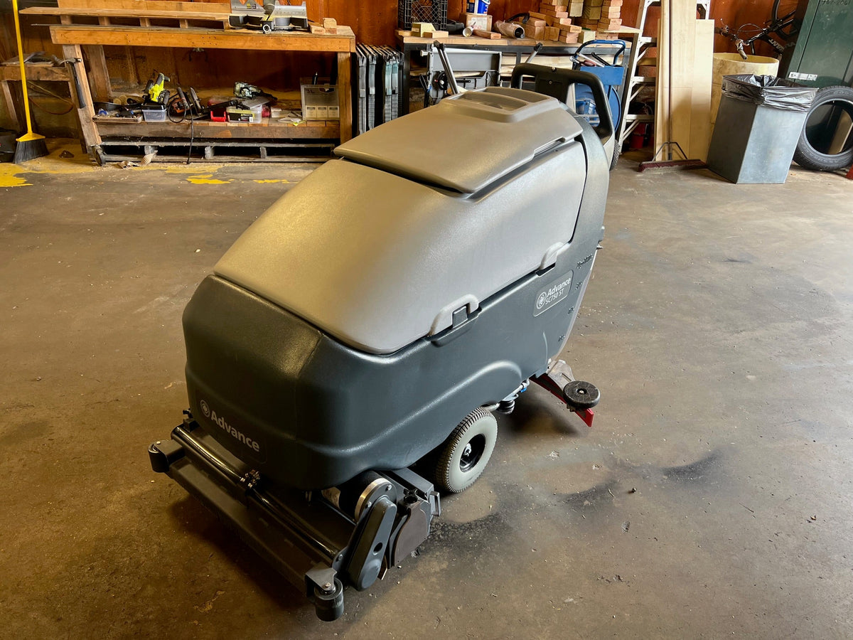 Refurbished Advance SC750, Floor Sweeper-Scrubber, 28", 21 Gallon, Battery, Self Propel, Cylindrical, 9/1/1 Warranty