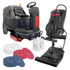 Large Facility Floor Care Package: Ride-On Scrubber, Wide Area Vacuum, Wet/Dry Vacuum, Pads & Cleaner