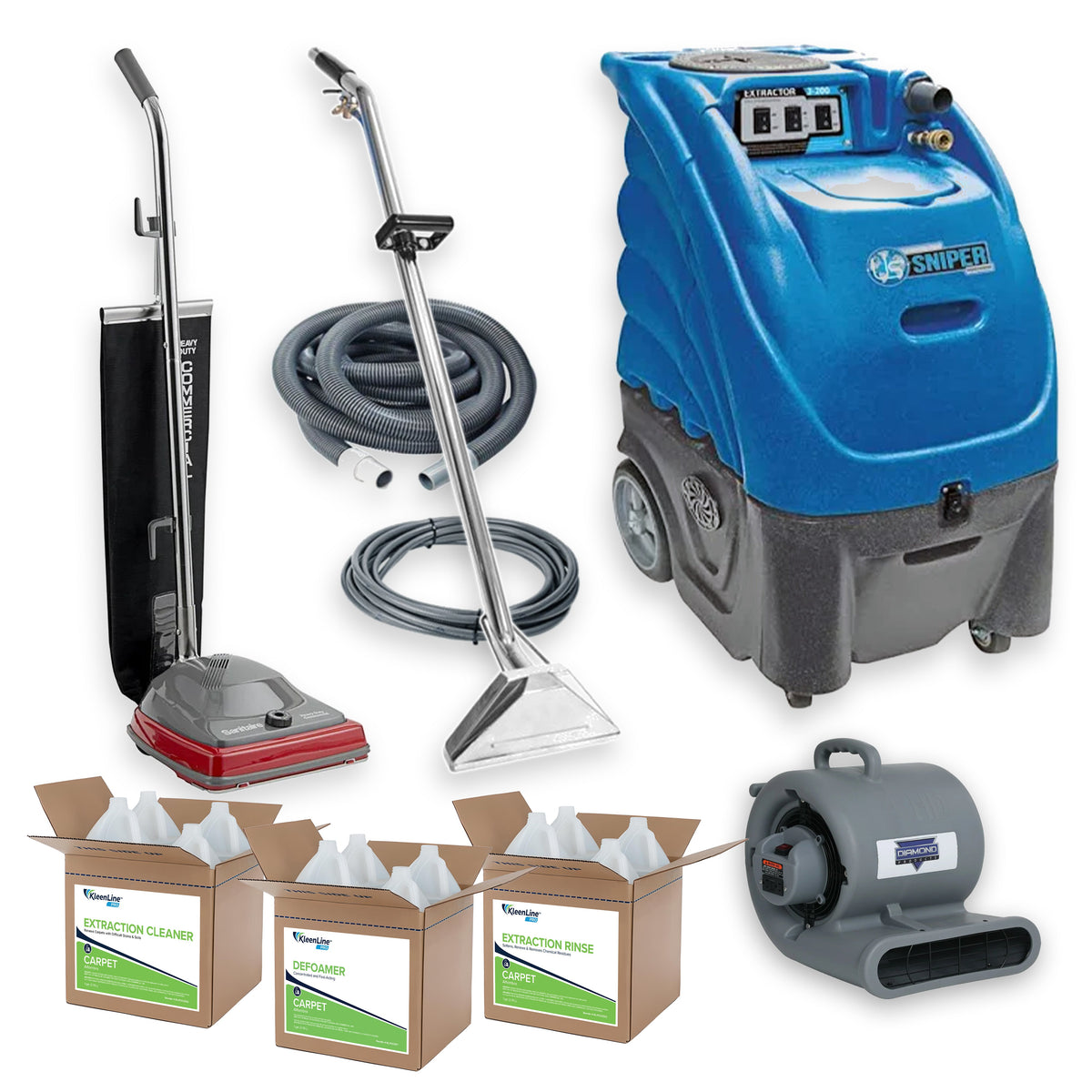 Sandia Sniper, Contractor Special Package, Carpet Extractor Hot Water, Upright Vacuum, Air Mover