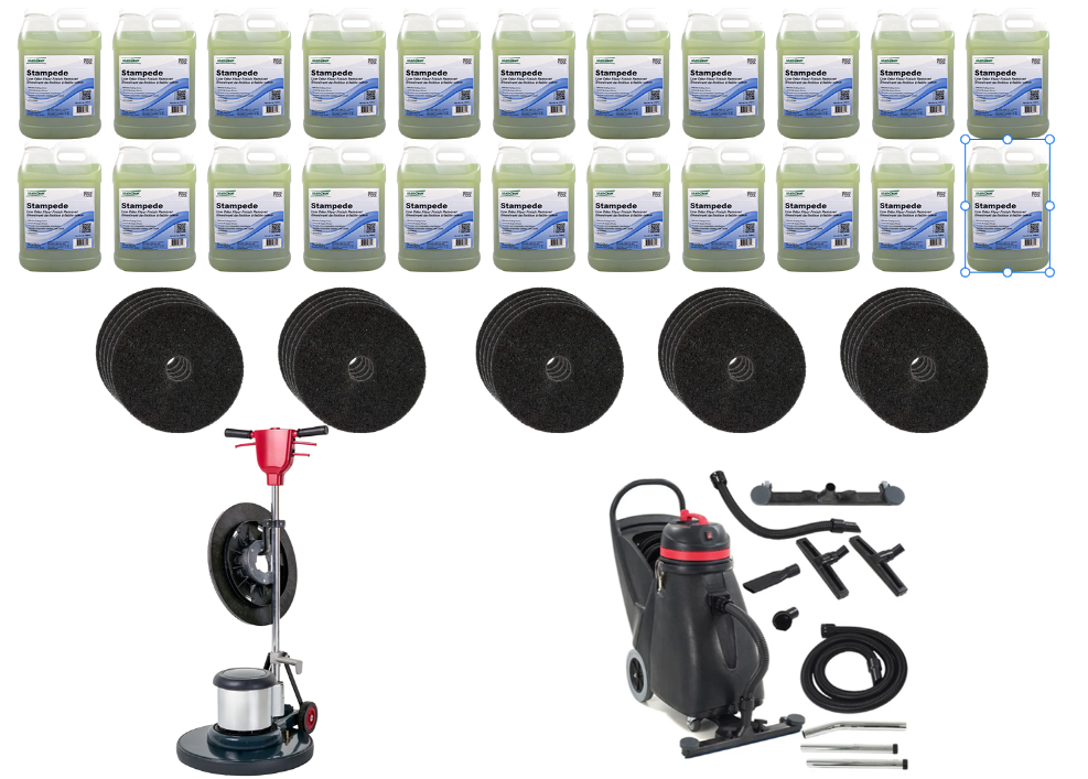 Floor Stripping Package Economical | 24 X 2.5 Gallons 906855 Stampede | 20" Floor Buffer | 18 Gallon Shop Vacuum | 50 Black Floor Stripping Pads