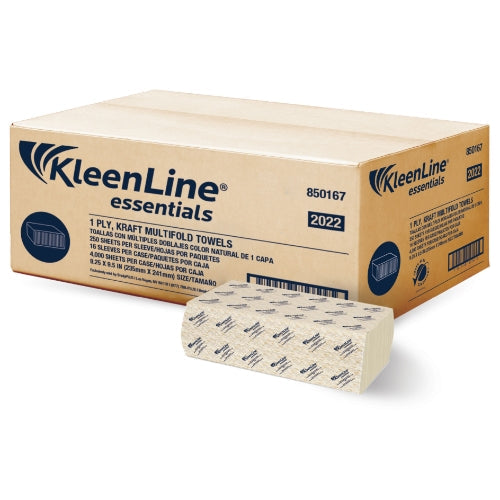 KleenLine Essentials Kraft Multifold Towel Green Seal, 16 Sleeves, 250 Towels
