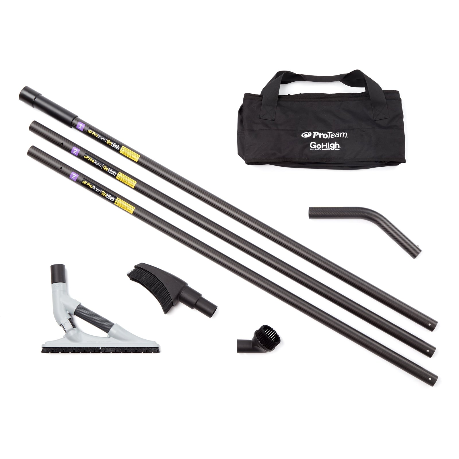ProTeam GoHigh Standard 107851 kit: 3 carbon fiber poles, ProBlade, 135-degree bend, pipe tool, round brush, and bag