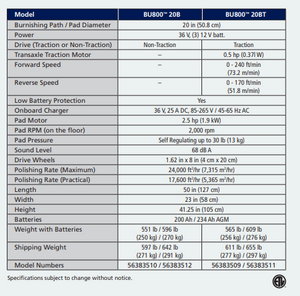 Advance BU800 20B and 20BT, Floor Burnisher, 20", 2000 RPMs, Battery, Dust Control, Pad Assist or Self Propel