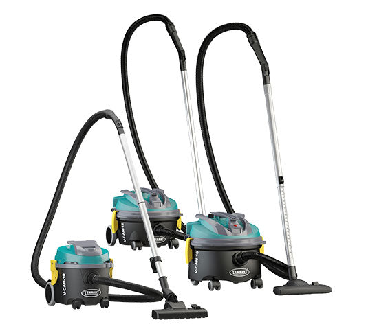 Tennant V-CAN-10 / V-CAN-12 / V-CAN-16, Canister Vacuum, 2.6, 3.2, 4.2 Gallon, 9lbs, 13lbs, 14lbs, 26', 40' Cord, Tools, With or Without HEPA